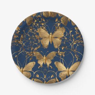 Metallic Blue Butterflies with Gold Vines Paper Plates