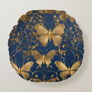 Metallic Blue Butterflies with Gold Vines Round Pillow
