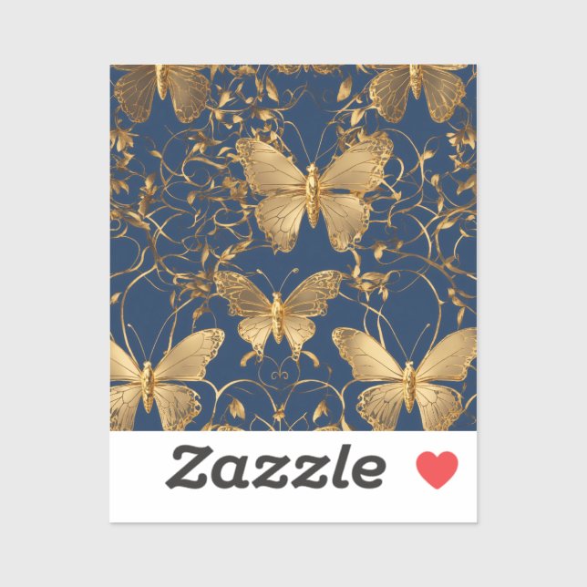 Metallic Blue Butterflies with Gold Vines Sticker (Sheet)