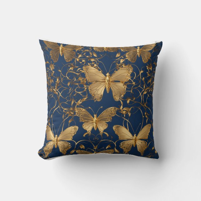 Metallic Blue Butterflies with Gold Vines Throw Pillow (Front)