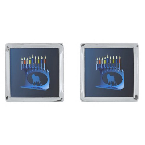 Metallic Blue Chanukkah Menorah Silver Cufflinks