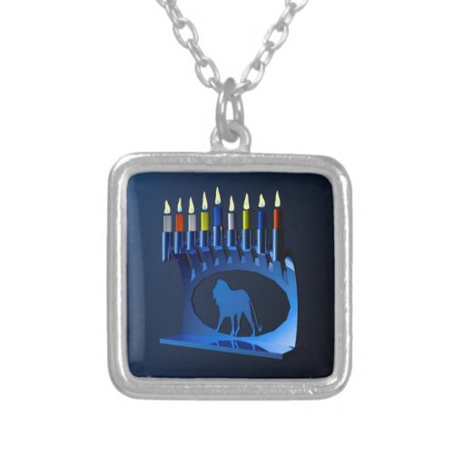 Metallic Blue Chanukkah Menorah Silver Plated Necklace