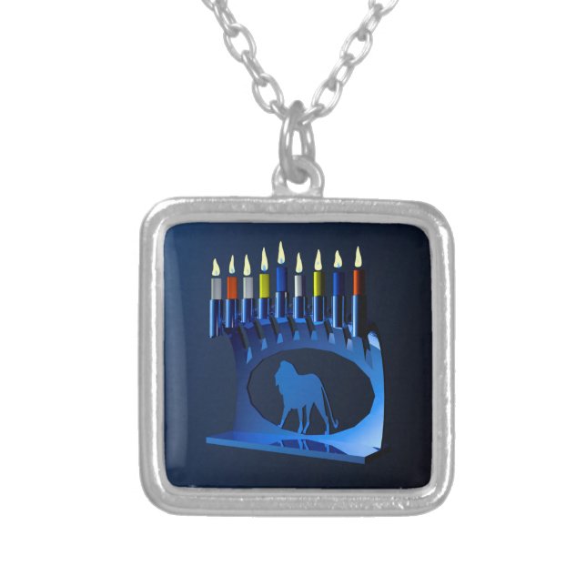 Metallic Blue Chanukkah Menorah Silver Plated Necklace (Front)