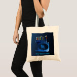 Metallic Blue Chanukkah Menorah Tote Bag<br><div class="desc">A modernistic,  metallic,  blue Chanukkah menorah,  featuring a lion in silhouette,  against a dark,  night-like background. All nine of the candles are lit. Add your own text.</div>