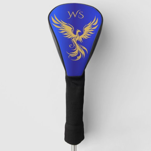 Metallic Blue Golden Phoenix Monogram Initials Golf Head Cover