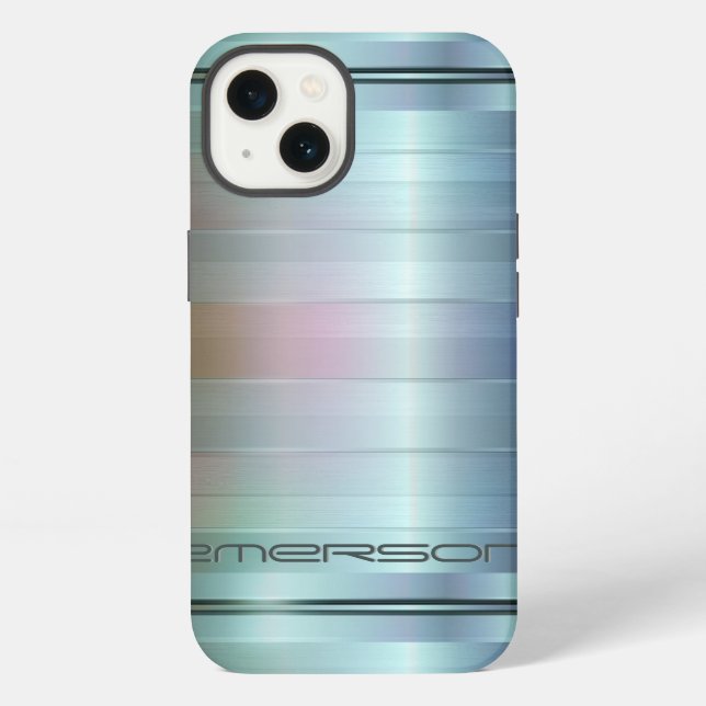 Metallic Blue-Gray Stripes Pattern Monogram Iphone Case (Back)