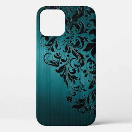 Metallic Blue_Green Brushed Aluminum  Black Lace iPhone 12 Case
