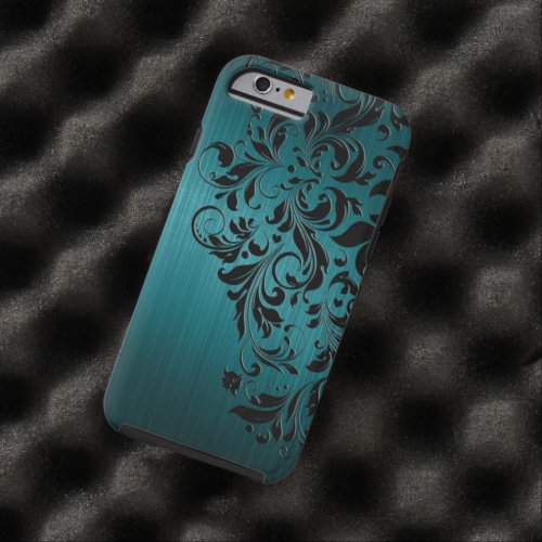 Metallic Blue_Green Brushed Aluminum  Black Lace Tough iPhone 6 Case