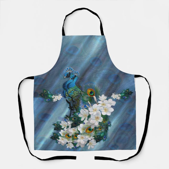 Metallic Blue-green Peacocks on Emerald Green Silk Apron (Front)