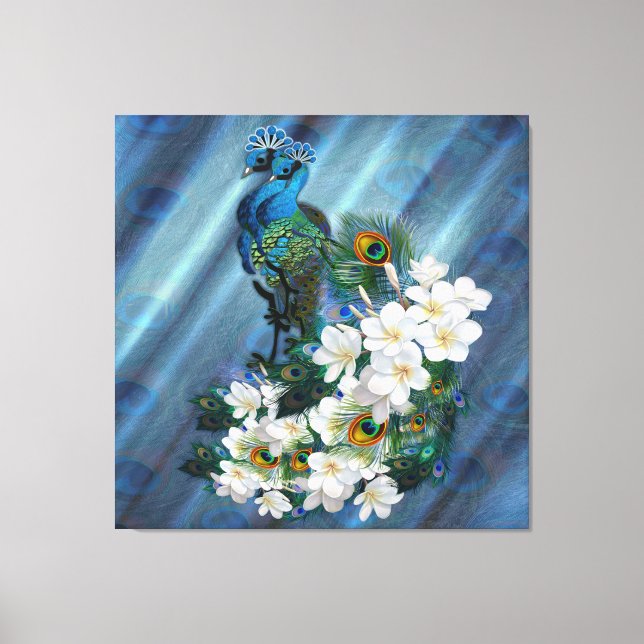 Metallic Blue-green Peacocks on Emerald Green Silk Canvas Print (Front)