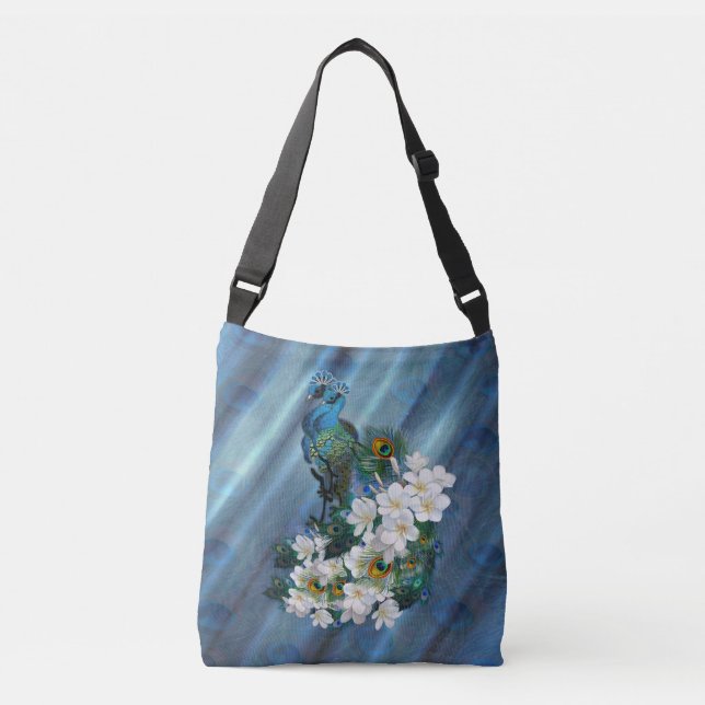 Metallic Blue-green Peacocks on Emerald Green Silk Crossbody Bag (Front)