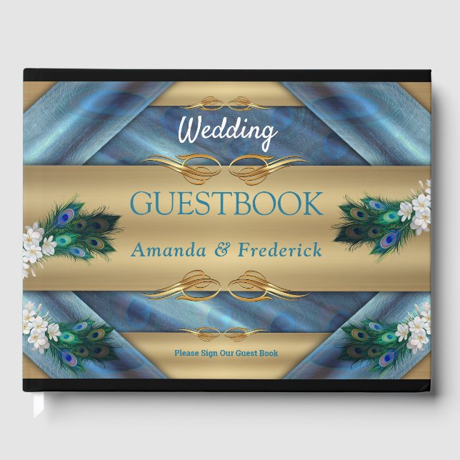 Metallic Blue-green Peacocks on Emerald Green Silk Guest Book (Front)