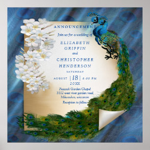 Metallic Blue-green Peacocks on Emerald Green Silk Poster