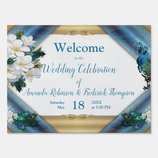 Metallic Blue-green Peacocks on Emerald Green Silk Sign (Front)