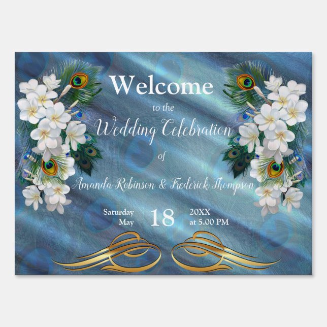 Metallic Blue-green Peacocks on Emerald Green Silk Sign (Front)