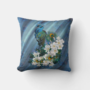 Metallic Blue-green Peacocks on Emerald Green Silk Throw Pillow