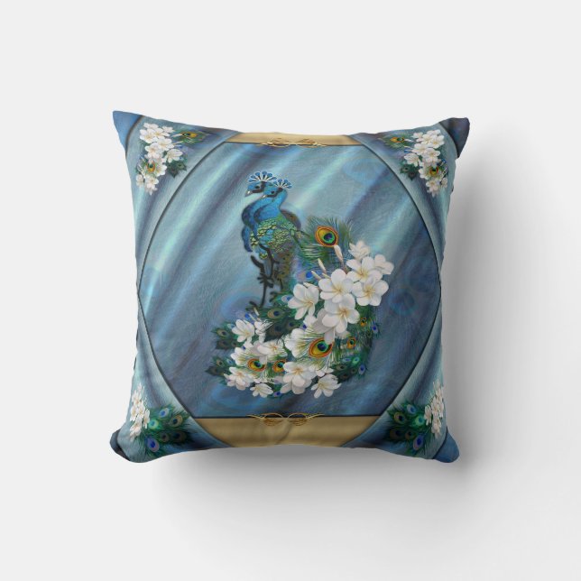 Metallic Blue-green Peacocks on Emerald Green Silk Throw Pillow (Front)