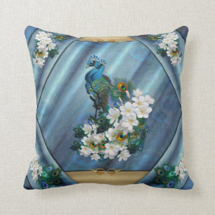 Metallic Blue-green Peacocks on Emerald Green Silk Throw Pillow
