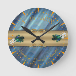 Metallic Blue-green silk- Gold Peacocks Feathers Round Clock