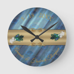 Metallic Blue-green silk- Gold Peacocks Feathers Round Clock