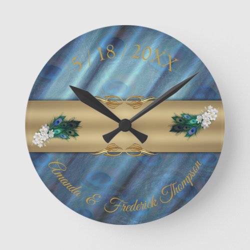 Metallic Blue_green silk_ Gold Peacocks Feathers Round Clock