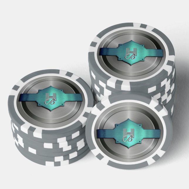 Metallic Blue Green Steel trompe l’œil Monogram  Poker Chips (Stack)