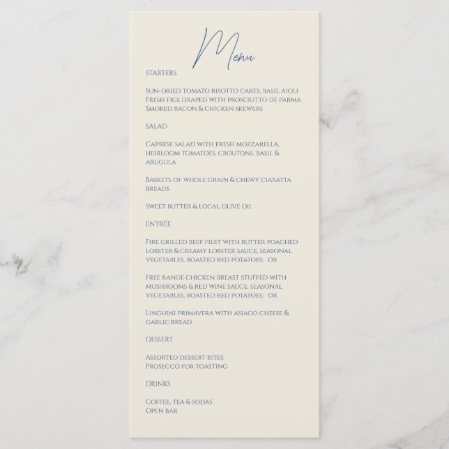 Metallic Blue • Handwritten Script Wedding Menu (Front)