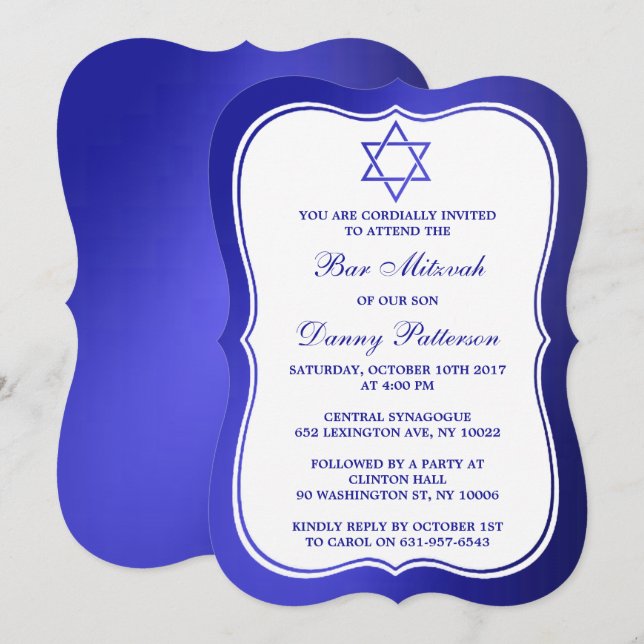 Metallic Blue Jewish Star Of David Bar Mitzvah Invitation (Front/Back)