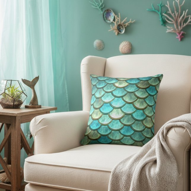 Metallic Blue Mermaid Scales Decorative Pillow (Mermaid throw pillow - an accent pillow for your sea inspired home.)