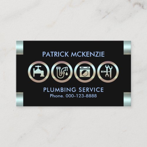 Metallic Blue Plumber Logo Tabs Plumbing Business Card