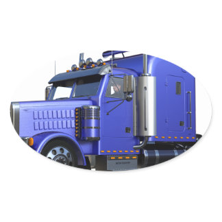 Metallic Blue Semi Tractor Trailer Truck Oval Sticker
