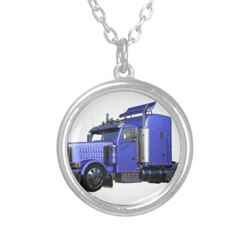 Metallic Blue Semi Tractor Trailer Truck Silver Plated Necklace