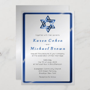 Metallic Blue Star of David Jewish Wedding Invitation