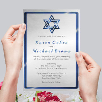 Metallic Blue Star of David Jewish Wedding Invitation