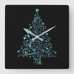 Metallic Blue Stars Christmas Tree Elegant Black Square Wall Clock