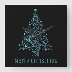 Metallic Blue Stars Christmas Tree Elegant Black Square Wall Clock