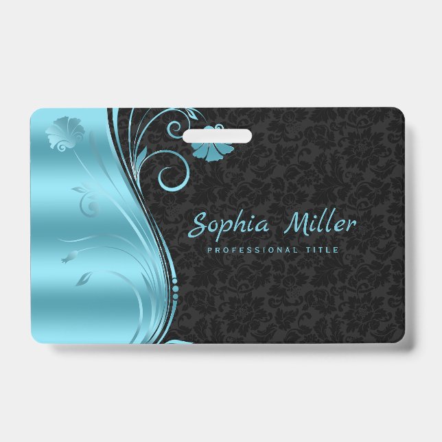 Metallic Blue Swirl Black Damask Badge (Front)