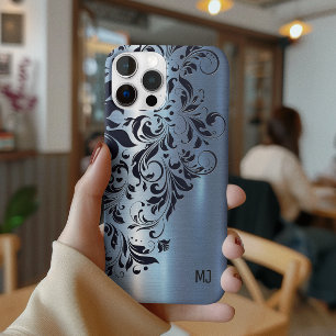 Metallic Blue Texture Blue Swirl Accent Monogram iPhone 16 Pro Case