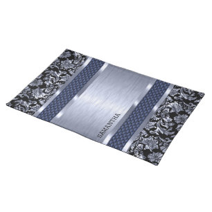 Metallic Blue Tint Vintage Floral Damasks Cloth Placemat