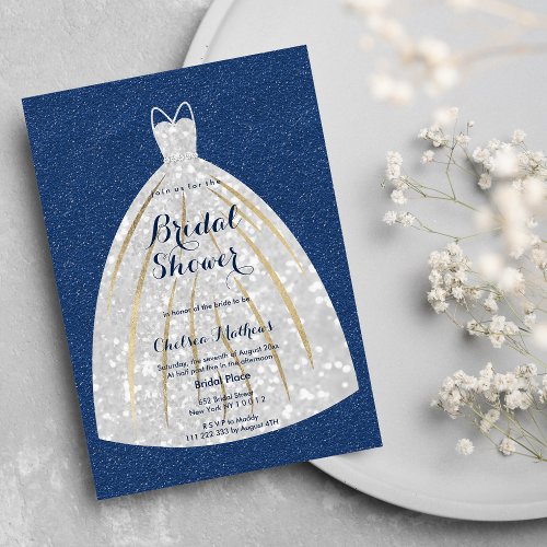 Metallic Blue White Gold Glitter Bridal Shower Invitation