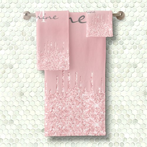 Metallic Blush Pink Dripping Glitter Monogrammed Bath Towel Set