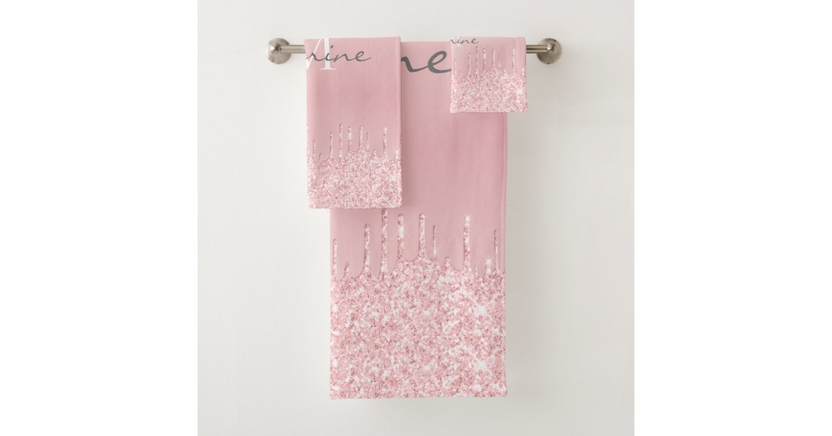 Metallic Blush Pink Dripping Glitter Monogrammed Bath Towel Set Zazzle