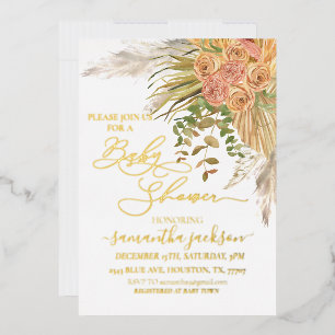 Metallic Boho Pampas Grass Floral Baby Shower Foil Invitation