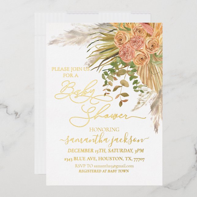Metallic Boho Pampas Grass Floral Baby Shower  Foil Invitation (Envelope)