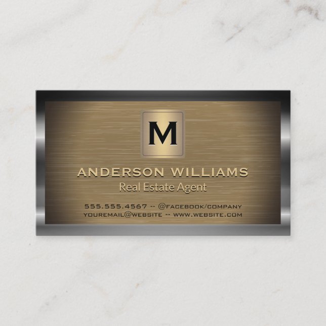 Metallic Border and Background | Monogram Business Card (Front)