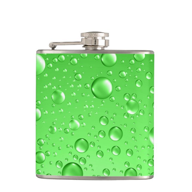 Metallic Bright Green Abstract Rain Drops Flask (Front)