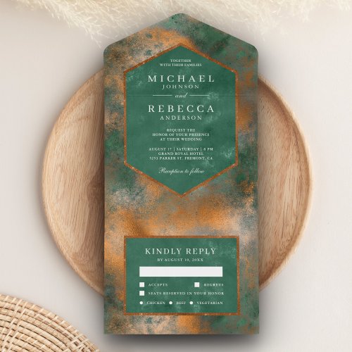 Metallic Bronze Copper Rustic Green Patina Wedding All In One Invitation