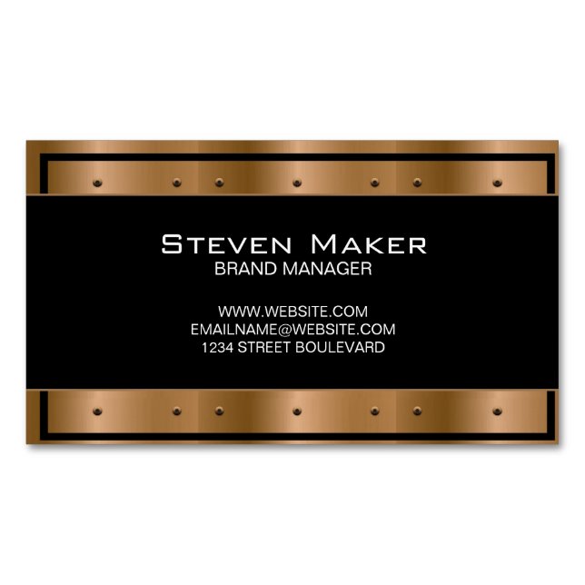 Metallic Bronze with Rivets | Black Border Business Card Magnet (Front)