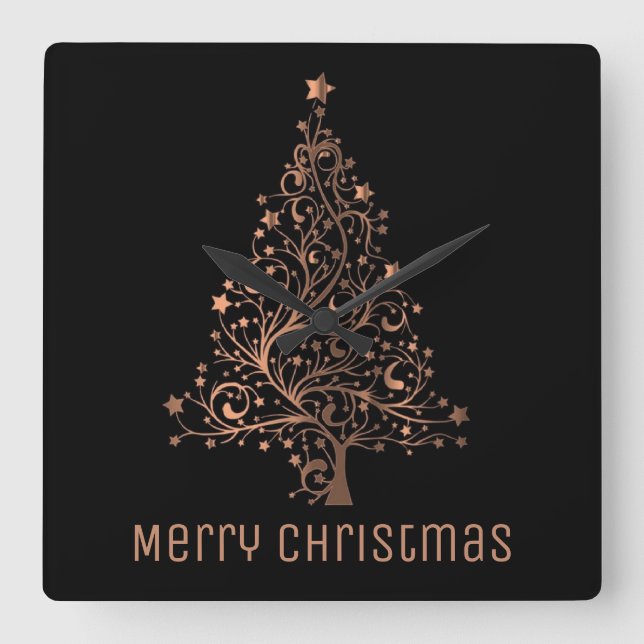 Metallic Brown Stars Christmas Tree Elegant Black Square Wall Clock (Front)