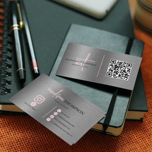 Metallic Brush Steel Silver Script Pink QR Code Business Card (Creator Uploaded)